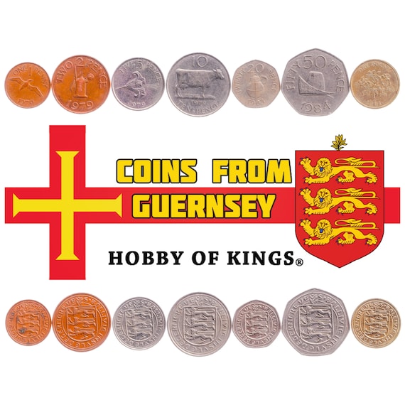 Giernésiais 7 Coin Set 1 2 5 10 20 50 Pence 1 Pound | Cattle | Gannet | Windmill | Guernsey Lily | Guernsey | 1977 - 1984
