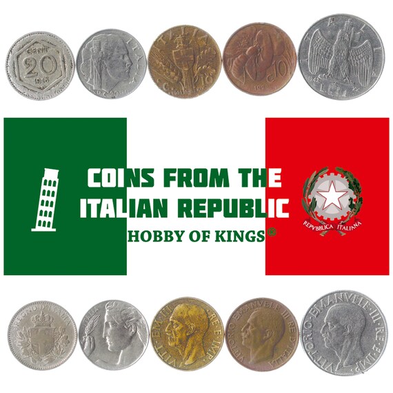 5 Different Coins from Italy 1900-1950. Old Collectible Money from Numismatic Periods: King Vittorio Emanuele III, Repubblica Italiana