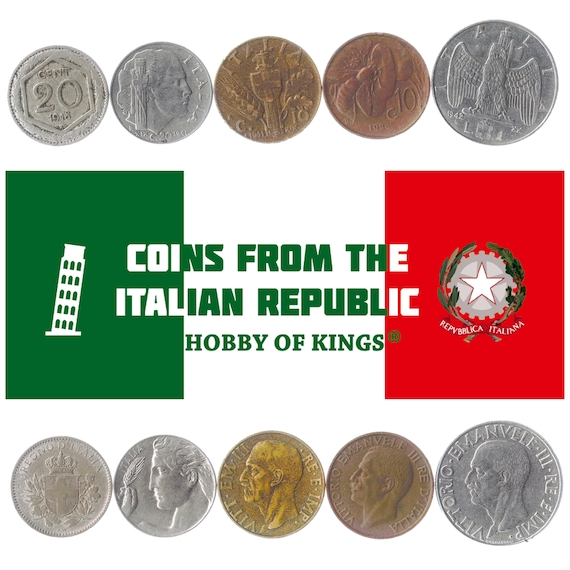 5 Different Coins from Italy 1900-1950. Old Collectible Money from Numismatic Periods: King Vittorio Emanuele III, Repubblica Italiana