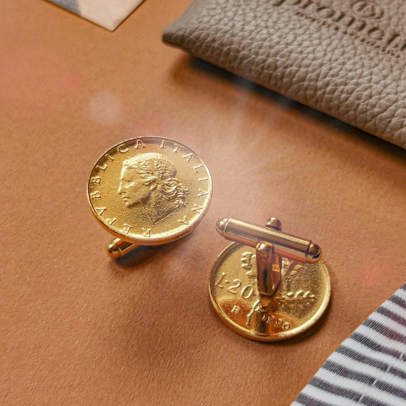Gold plated Cufflinks with Genuine Italian 20 Lire Coins | Oak Branch | Coin Links | Italy Cuffs fasteners | Dress shirt fasteners