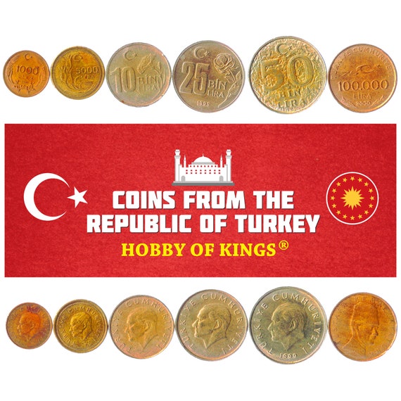 Turkish 6 Coin Set 1000 5000 10000 25000 50000 100000 Lira | Mustafa Kemal Atatürk | Crescent And Star | Turkey | 1995 - 2000