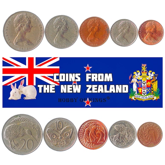 5 Different Coins from New Zealand. Money from Oceania. Old Collectible Foreign Currency: 1-20 Cents