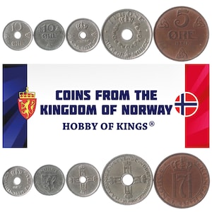 5 Different Coins from Norway 1874-1950. Old Collectible Money from Numismatic Periods: King Oscar II And Haakon VII