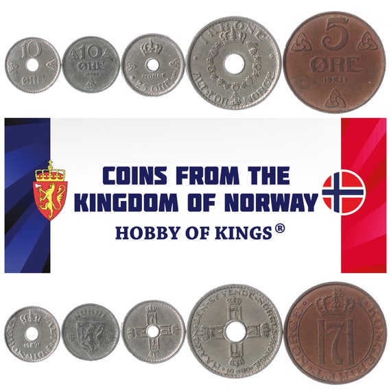 5 Different Coins from Norway 1874-1950. Old Collectible Money from Numismatic Periods: King Oscar II And Haakon VII