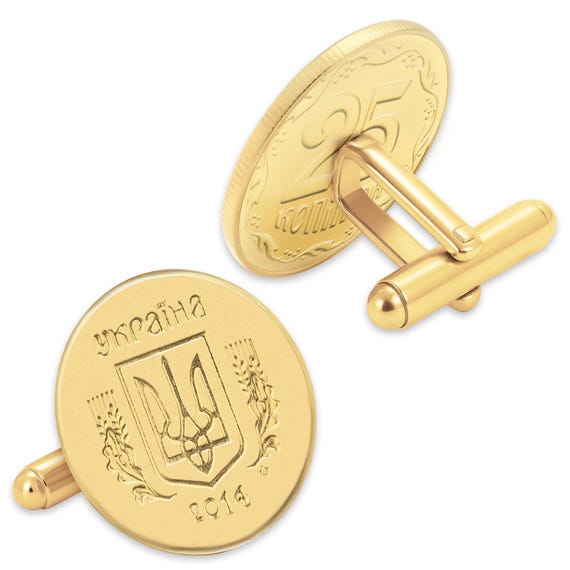 Gold plated Cufflinks with Genuine Ukrainian kopiiok 25 Coins | Tridient Coin Links | Ukrainian Cuffs fasteners | Dress shirt fasteners