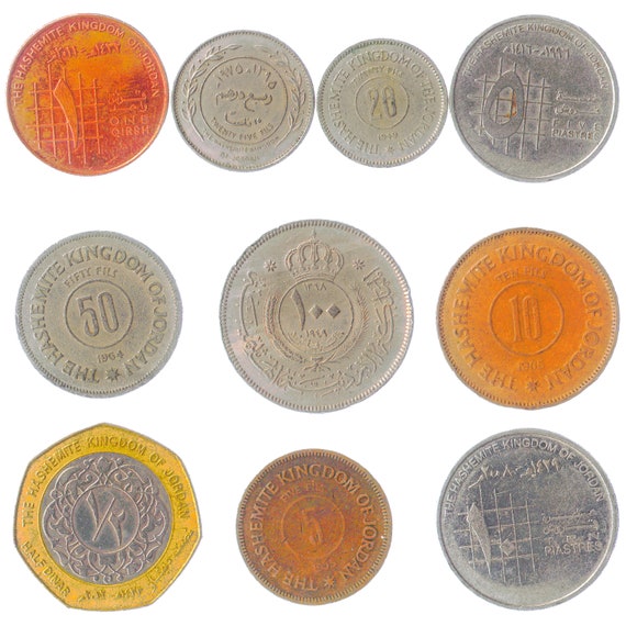 10 Jordanian Coins from Middle East - Jordan: Qirish, Piastres, Dinar. Different and Mixed Old Collectible Arab Money since 1949