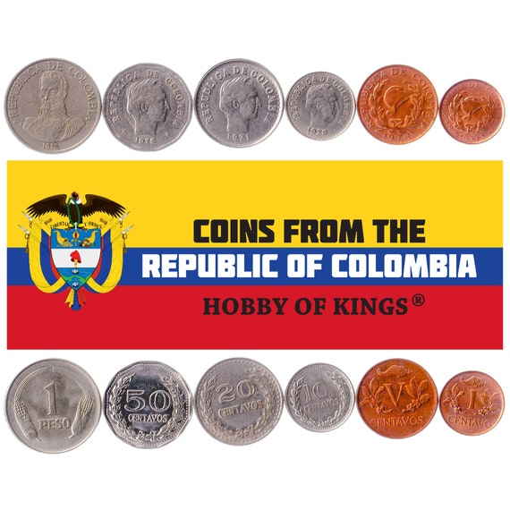 Colombian 6 Coin Set 1 5 10 20 50 Centavos 1 Peso | Francisco de Paula Santander | Phrygian cap | Simon Bolivar | 1969 - 1979
