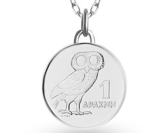 Pendentif pièce de monnaie hibou Athéna : collier de drachme grecque en plaqué argent rhodié