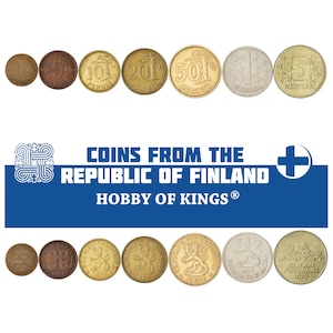 May include: A collection of Finnish coins, including 1, 5, 10, 20, and 50 penni coins, as well as 1 and 5 markka coins. The coins are arranged in two rows, with the older coins on top and the newer coins on the bottom. The coins are all in good condition and have a variety of designs.