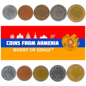 5 diverse monete armene. Vecchia moneta caucasica da collezione. Valuta estera dall'Armenia: Dram
