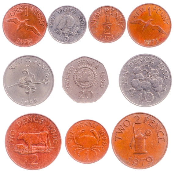Different Coins from the Bailiwick of Guernsey. Mixed Currency from Island in the English Channel: 1 New Penny - 20 Pence since 1968