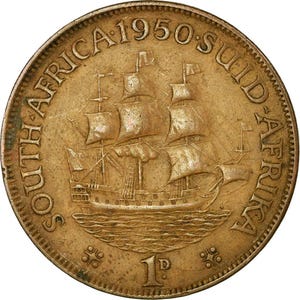 Moneda de 1 centavo de Sudáfrica / Jorge VI / SUID AFRIKA / KM34.1 / 1948 - 1950