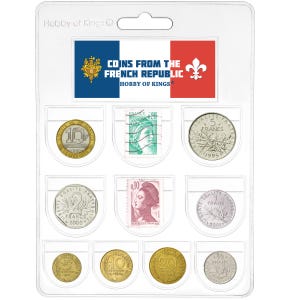 Francia / Juego de 8 Monedas 5 10 20 Céntimos 1/2 1 2 5 10 Francos / 4 Sellos Postales Franceses Mixtos / Marianne de Gandon / 1961 - 2001