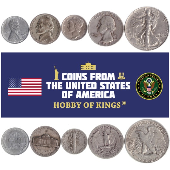 American 5 Coin Set 1 5 Cents 1 Dime 1/4 1/2 Dollar | Benjamin Franklin | Eagle | Liberty Bell | United States | 1932 - 1947