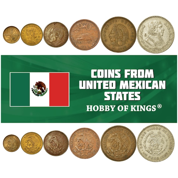 Mexican 6 Coin Set 1 5 10 20 50 Centavos 1 Peso | Opuntia | Golden Eagle | Rattlesnake | Pyramid | Cuauhtemoc | Liberty cap | 1950 - 1971