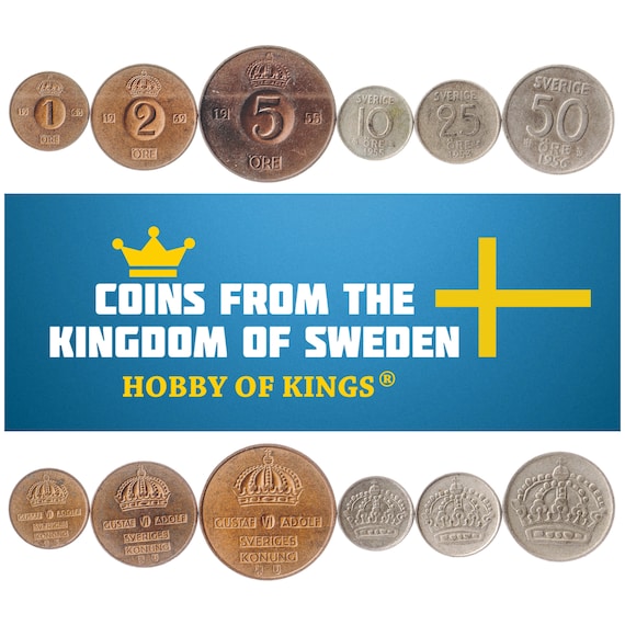 Swedish 8 Coin Set 1 2 5 10 25 50 Öre 1 2 Kronor | Gustaf VI Adolf | Sweden | 1952 - 1971