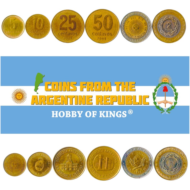 Money Set: 5 1 6 Coins from Argentina 10 50 Centavos 25 2 Pesos Old Collectible Argentinean Currency Since 1992