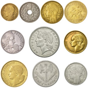 10 Französische Münzen | Französische Währungssammlung | 10 50 Centimes 1 2 5 20 50 100 Franken | Auslandsgeld | Kollektion De Pièces | 1917 - 1959
