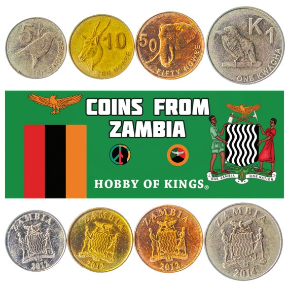 Set of 4 Coins from Zambia: 5, 10, 50 Ngwee, 1Kwacha. Old Collectible Zambian Money. Foreign African Currency