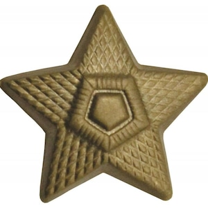 Può includere: Una stella dorata a cinque punte con un motivo intrecciato. La stella ha una forma esagonale al centro.