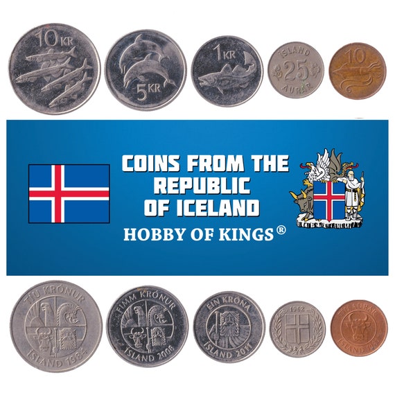 5 Icelandic Coins Aurar Krona Kronur | Different Scandinavian Currency | Capelin and Skate Fish | Squid | Shrimp | Codfish | Dolphins