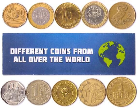 5 Different Coins From Each World Continent: Europe, Asia, Africa, North and South Americas
