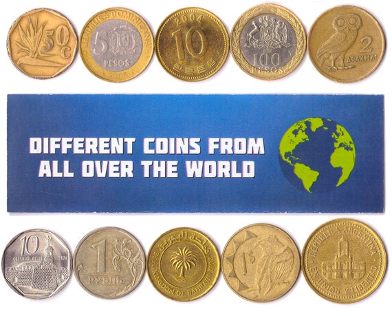 5 Different Coins From Each World Continent: Europe, Asia, Africa, North and South Americas