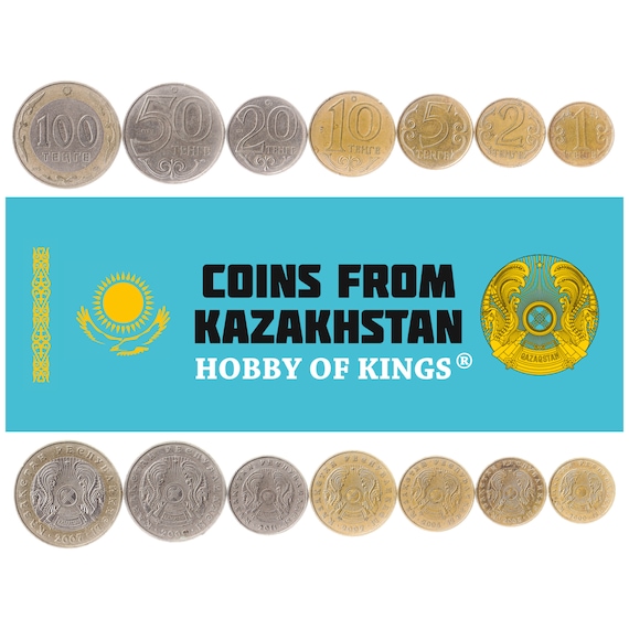 Set of 7 coins from Kazakhstan. 1, 2, 5, 10, 20, 50, 100 Tenge. Old Collectible Money