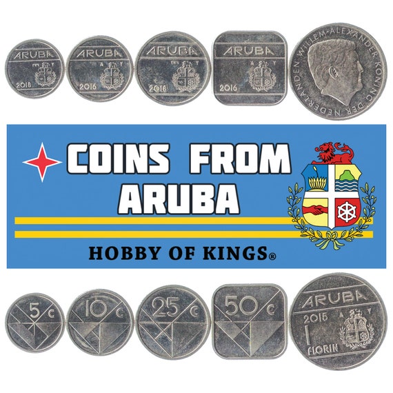Set of 5 Coins from Aruba: 5, 10, 25, 50 Cents, 1 Florin. Old Collectible Aruban Money. Foreign Caribbean Currency