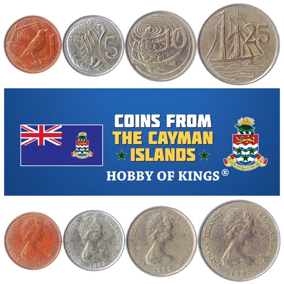 Set of 4 Coins from Cayman Islands: 1, 5, 10, 25 Cents. Old, Collectible Caribbean Currency, Money 1972-1986
