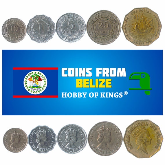 5 Different Coins from Belize. Queen Elizabeth II. Old Collectible Money from Central America. Cents, Dollar