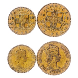 2 Coins from Jamaica. Money Set: 1/2, 1 Penny. Old Collectible Jamaican Currency. 1953-1963