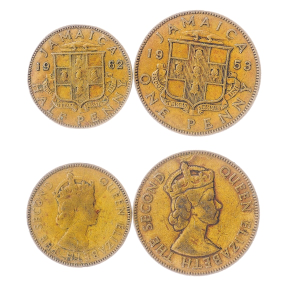 2 Coins from Jamaica. Money Set: 1/2, 1 Penny. Old Collectible Jamaican Currency. 1953-1963