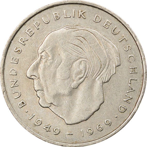 West Germany 2 Deutsche Mark Coin | President Theodor Heuss | 1970