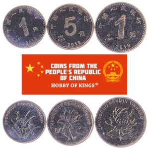 Set von 3 chinesischen Münzen aus Asien. 1, 5 Jiao und 1 Yuan. Altes Sammlergeld aus China PRC