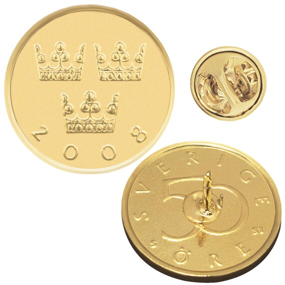 Sweden Coin Pin Brooch Badge | Butterfly Clutch Fastener | Vintage Collectible Jewelry | Genuine 50 Ore | Three Crowns