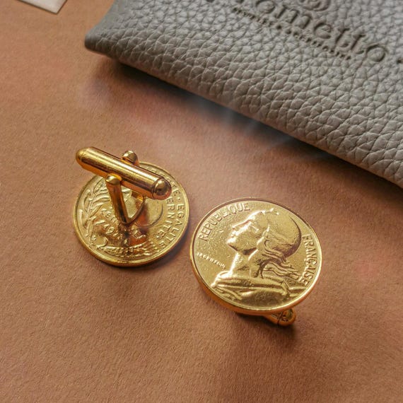 18k gold plated Cufflinks with Genuine French 10 Centimes Coins | Marianne | Genuine Coin Links | France Cuffs fasteners | shirt fasteners