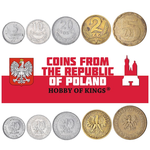 5 Poland Coins | Mixed Polish Currency | Grosz | Zloty | Since 1949