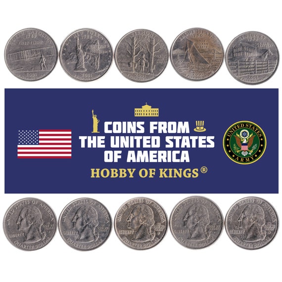 American 5 Coin Set 1/4 Dollar | George Washington | The Stately Mansion | Pell Bridge | Statue Of Liberty | United States | 2001