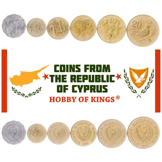 6 Coins from Cyprus. Money Set: 1/2, 1, 2, 5, 10, 20 Cents. Old Collectible Cypriot Currency 1983
