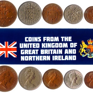 5 British Coins. Different Coins From England. Foreign Currency, Valuable Money