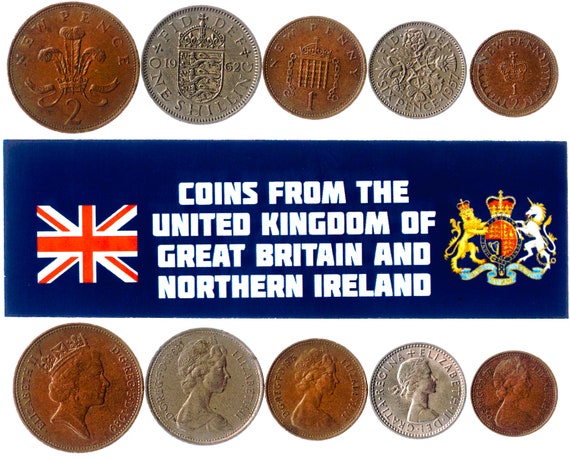 5 British Coins. Different Coins From England. Foreign Currency, Valuable Money