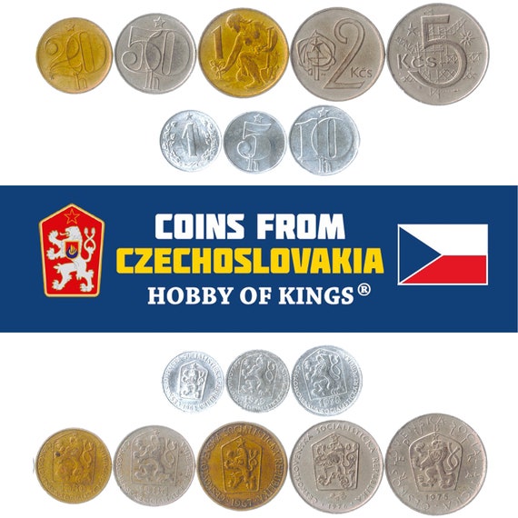 8 Coins from Czechoslovakia Money Set 1 5 10 20 50 Hellers 1 2 5 Korun Old Collectible Czecho-Slovak Currency 1972 - 1990