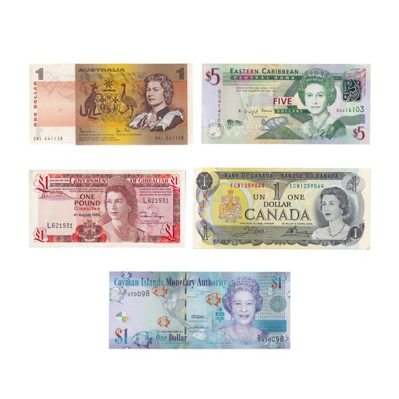 5 Banknote Set | Queen Elizabeth II | Gibraltar | Australia | East Caribbean States | Canada | Cayman Islands