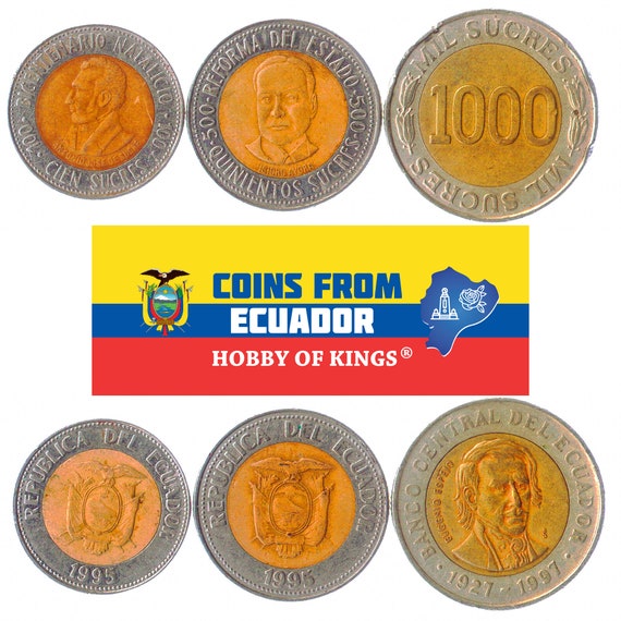 Set of 3 Coins from Ecuador: 100, 500, 1000 Sucres. Collectible South American Currency, Old Commemorative Money Collection 1988-1996