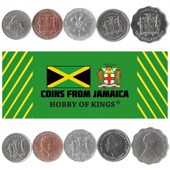 5 Coins from Jamaica. Different Old Collectible Caribbean Money. Jamaican Foreign Currency: dollar