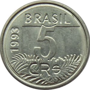 Brazil 5 Cruzeiros Reais Coin KM627 1993 - 1994