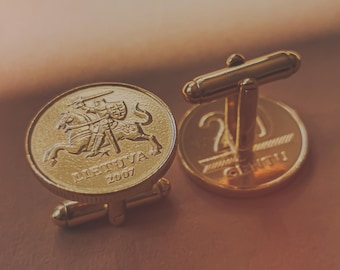 Boutons de manchette plaqués or avec de véritables pièces de 20 cents lituaniens | Liens pour les pièces de monnaie Vytis | Boutons de manchettes lituaniens | Attaches de chemise