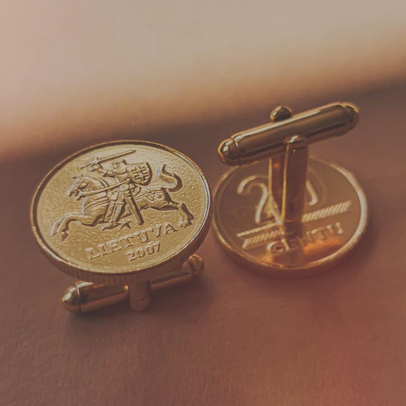 Gold plated Cufflinks with Genuine Lithuanian 20 cents Coins | Vytis Coin Links | Lithuanian Cuffs fasteners | Dress shirt fasteners