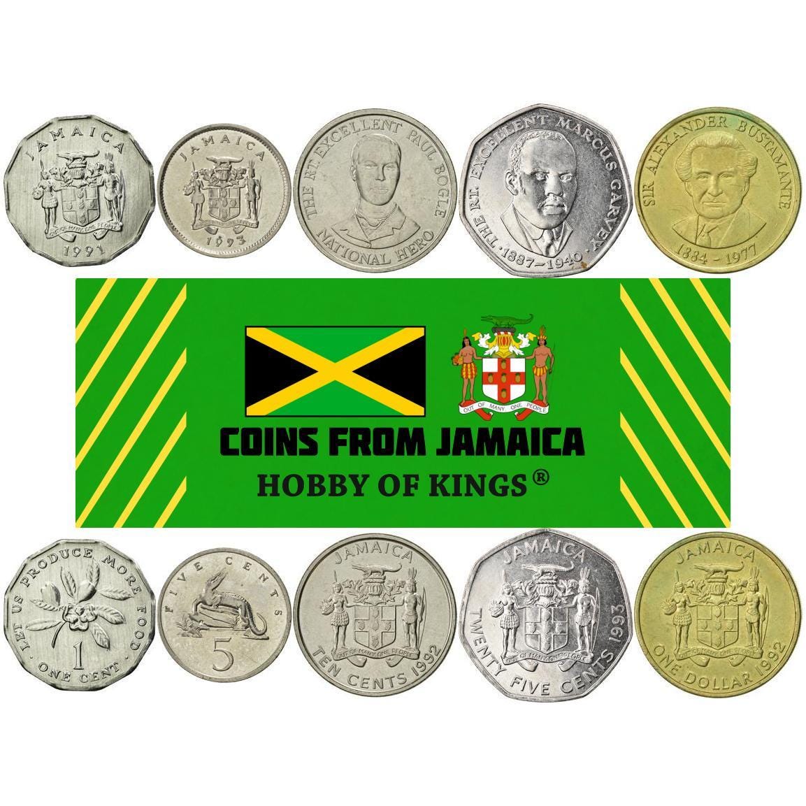 Jamaica | 5 Coin Set | 1 5 10 25 Cents 1 Dollar | Crocodile | 1975
